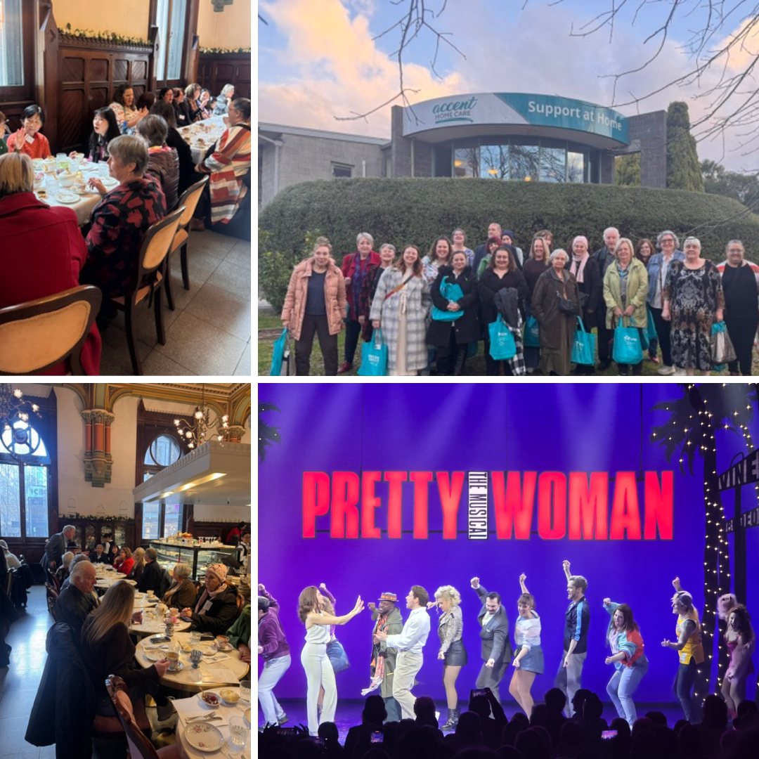 Carers enjoying each other's company, time together at a high tea and Pretty women the musical. 
