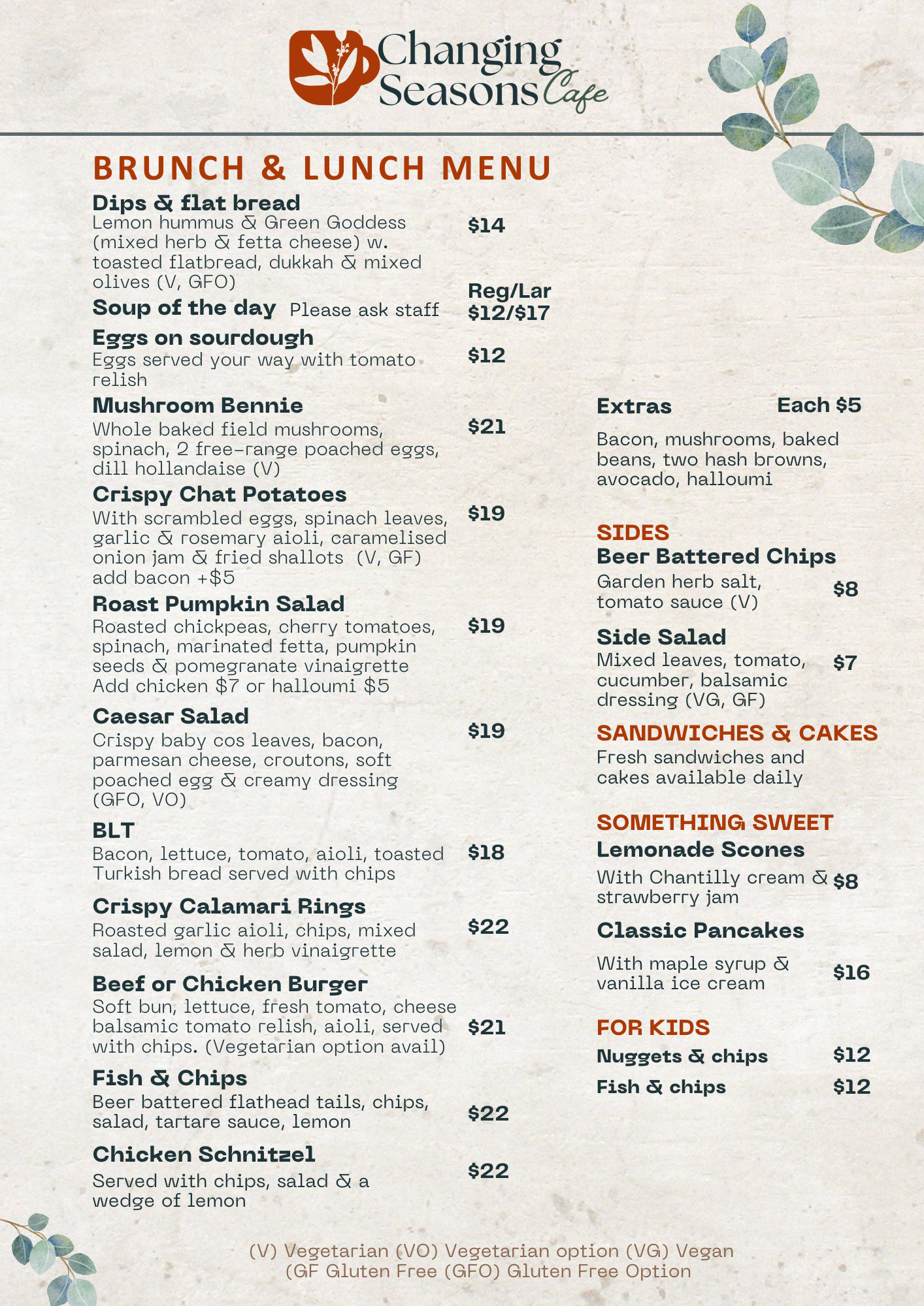 Changing Seasons Cafe Menu Brunch & Lunc