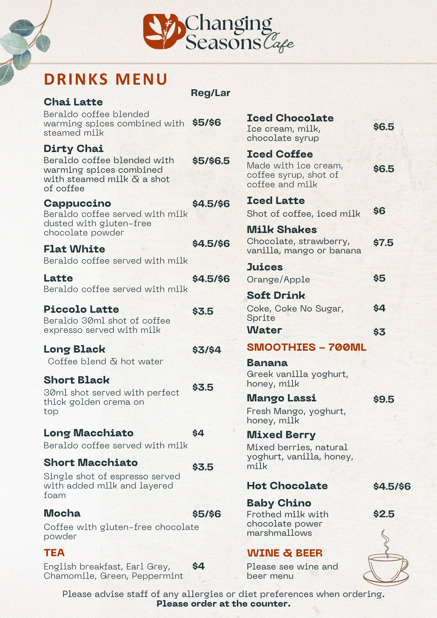 Changing Seasons Cafe Menu Drinks Menu